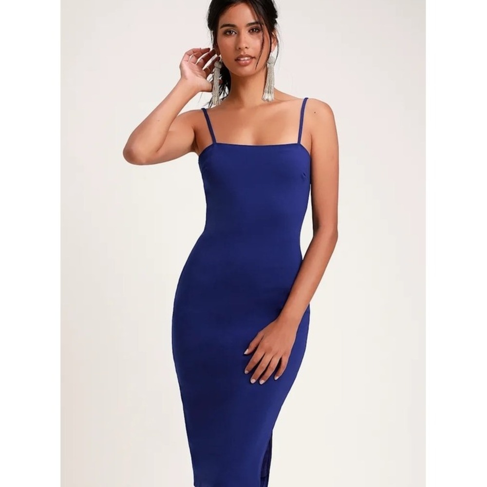 Lulus Large Paulina Dress Cobalt Blue Bodycon Midi Square Neck Slit Party Chic ~